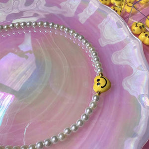 Y2K Pearl Smiley Choker Necklace Vintage Charms 90s