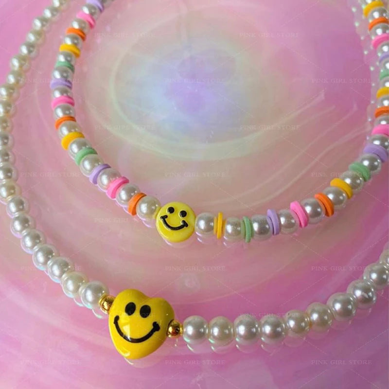 Y2K Pearl Smiley Choker Necklace Vintage Charms 90s