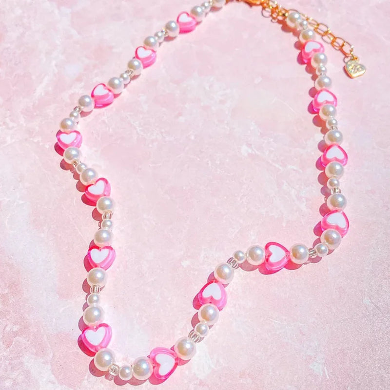 Y2K Pink Pearl Heart Necklace for Girls