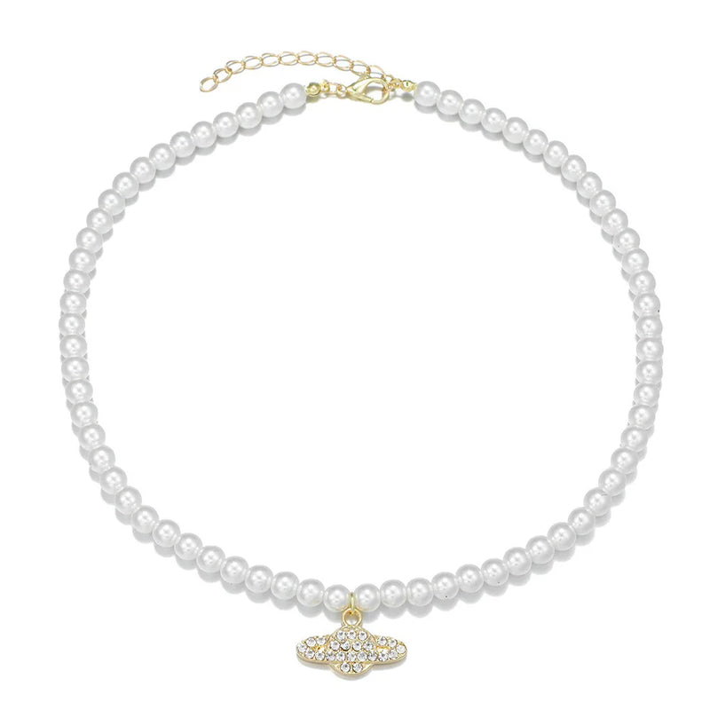 Vintage Crystal Saturn Pearl Choker Necklace