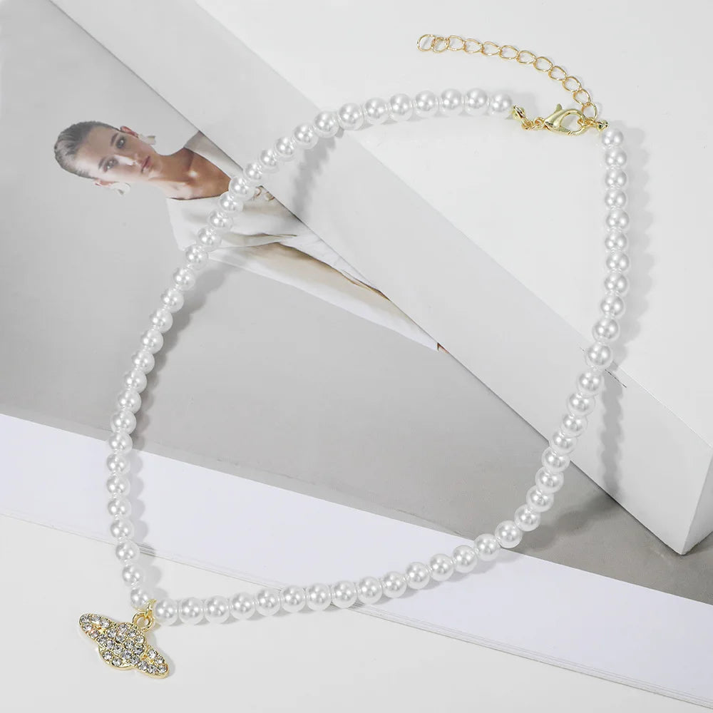 Vintage Crystal Saturn Pearl Choker Necklace