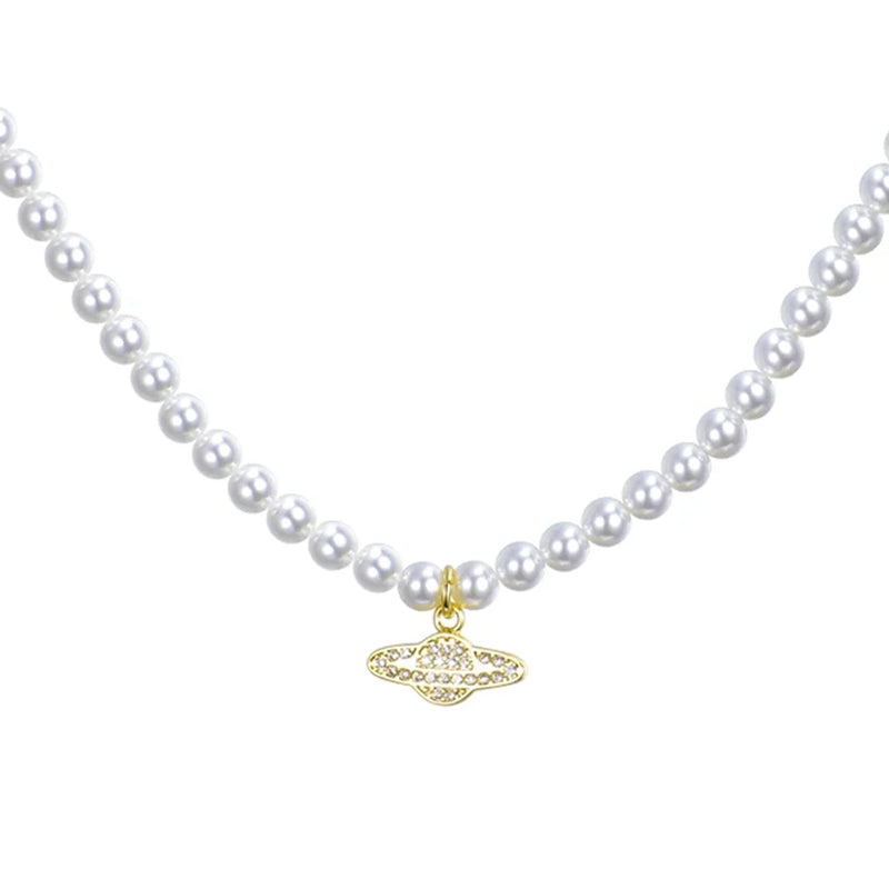 Vintage Crystal Saturn Pearl Choker Necklace for Women