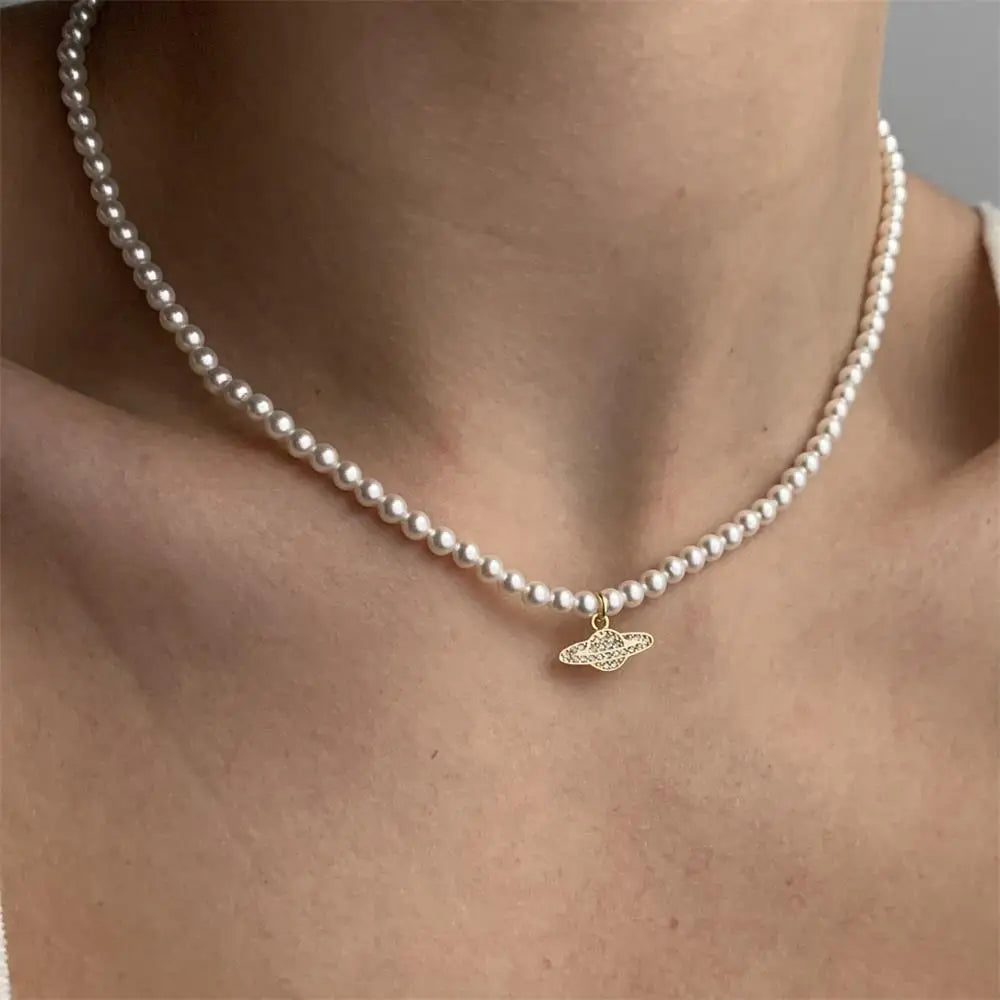 Vintage Crystal Saturn Pearl Choker Necklace for Women