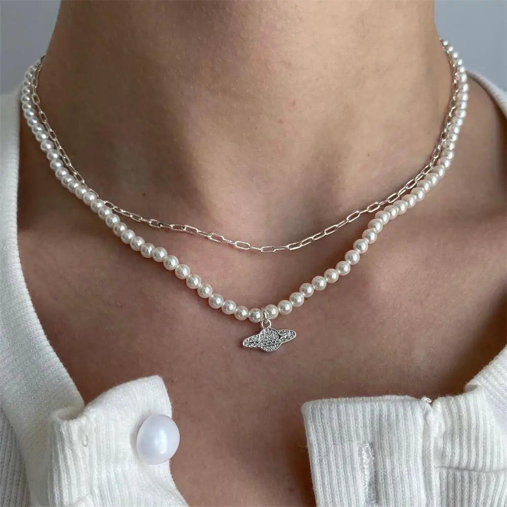 Vintage Crystal Saturn Pearl Choker Necklace for Women