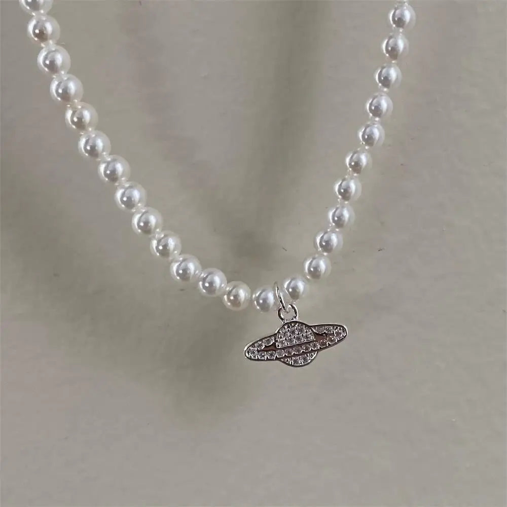 Vintage Crystal Saturn Pearl Choker Necklace for Women