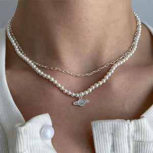 Y2K Crystal Zircon Saturn Pearl Choker Necklace