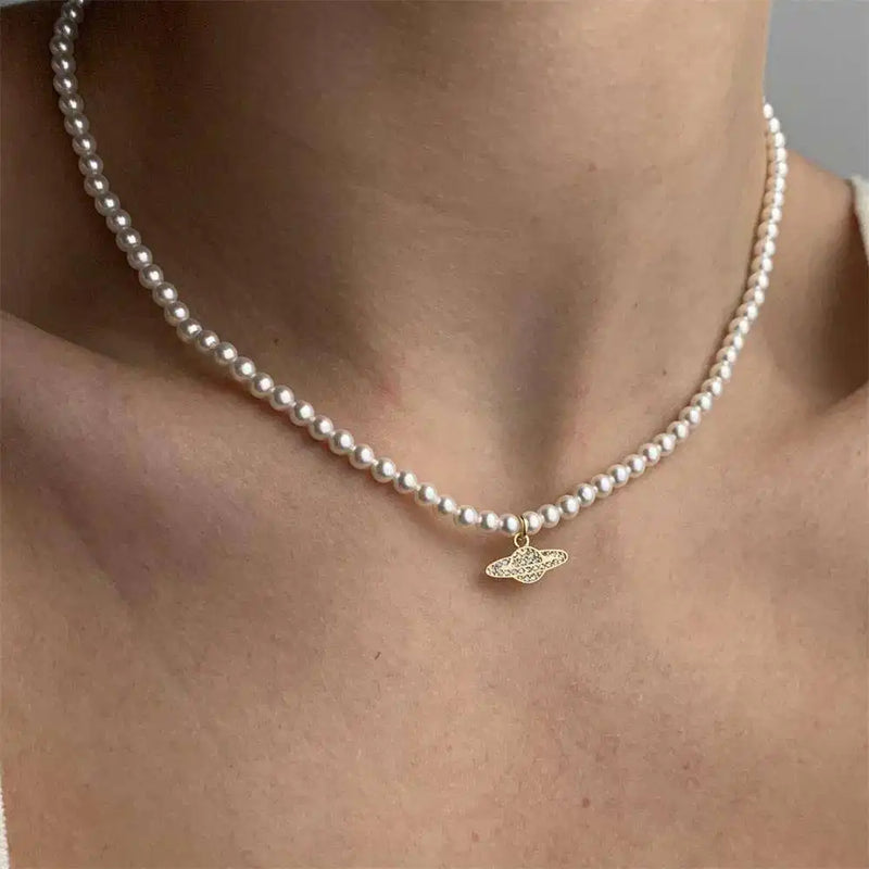Y2K Crystal Zircon Saturn Pearl Choker Necklace