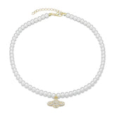 Y2K Crystal Zircon Saturn Pearl Choker Necklace