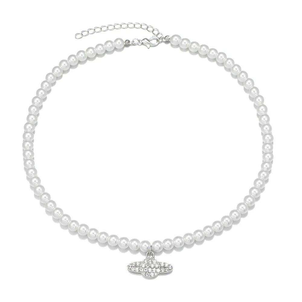 Y2K Crystal Zircon Saturn Pearl Choker Necklace