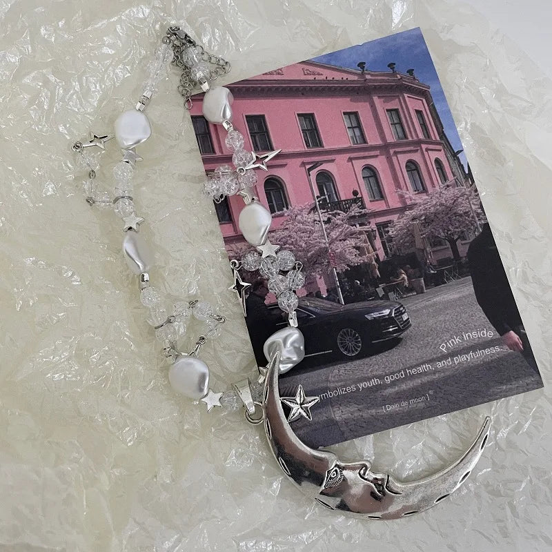 Y2K Cross Star Pendant Necklace Moon Pearl Choker Vintage Accessory