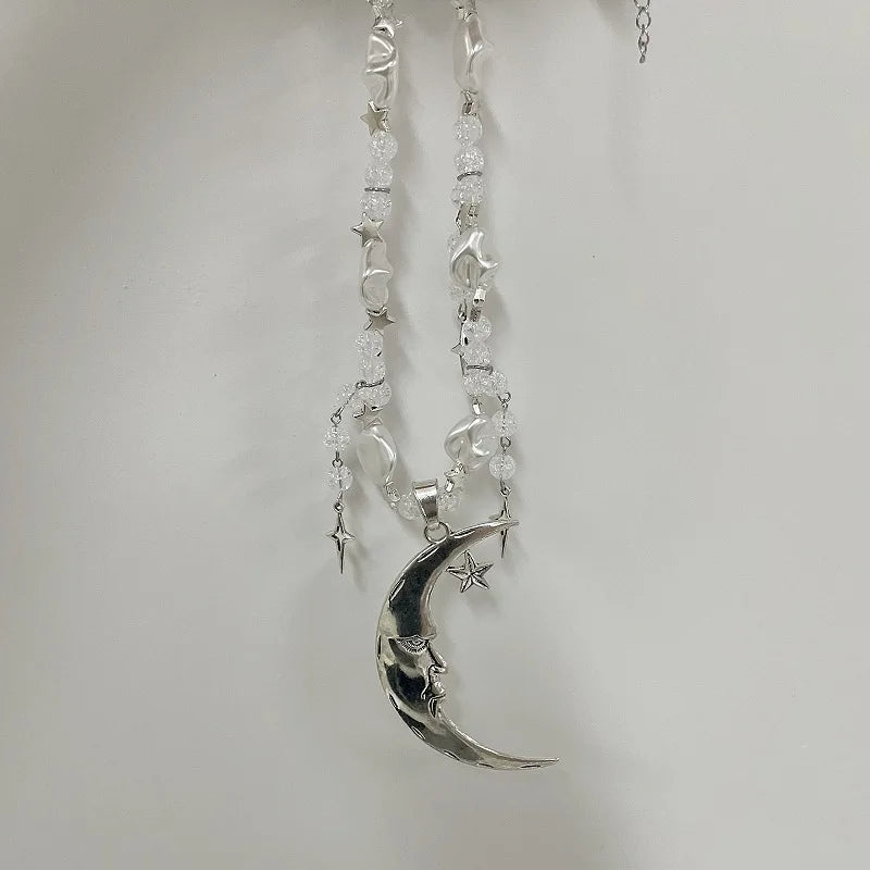 Y2K Cross Star Pendant Necklace Moon Pearl Choker Vintage Accessory