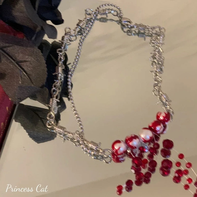 Y2K Blood Pearl Thorns Pendant Necklace