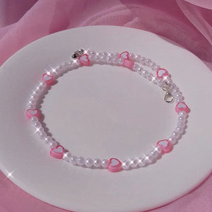 Y2K Pearl Pink Peach Heart Necklace Vintage Harajuku Charm 90s