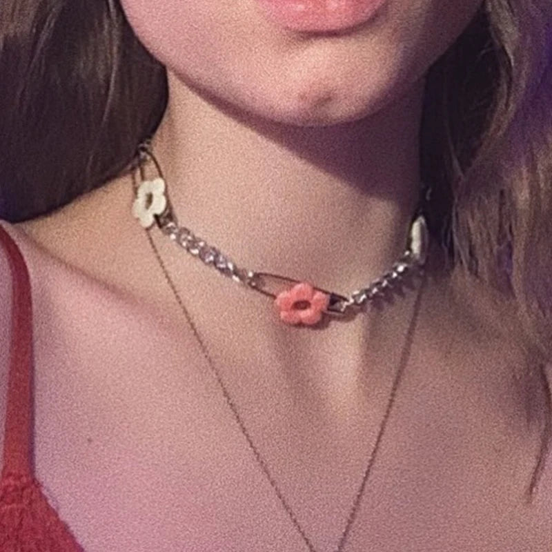 Y2K Flower Choker Necklace Pink Accessories Harajuku Vintage Charms 90s Gift
