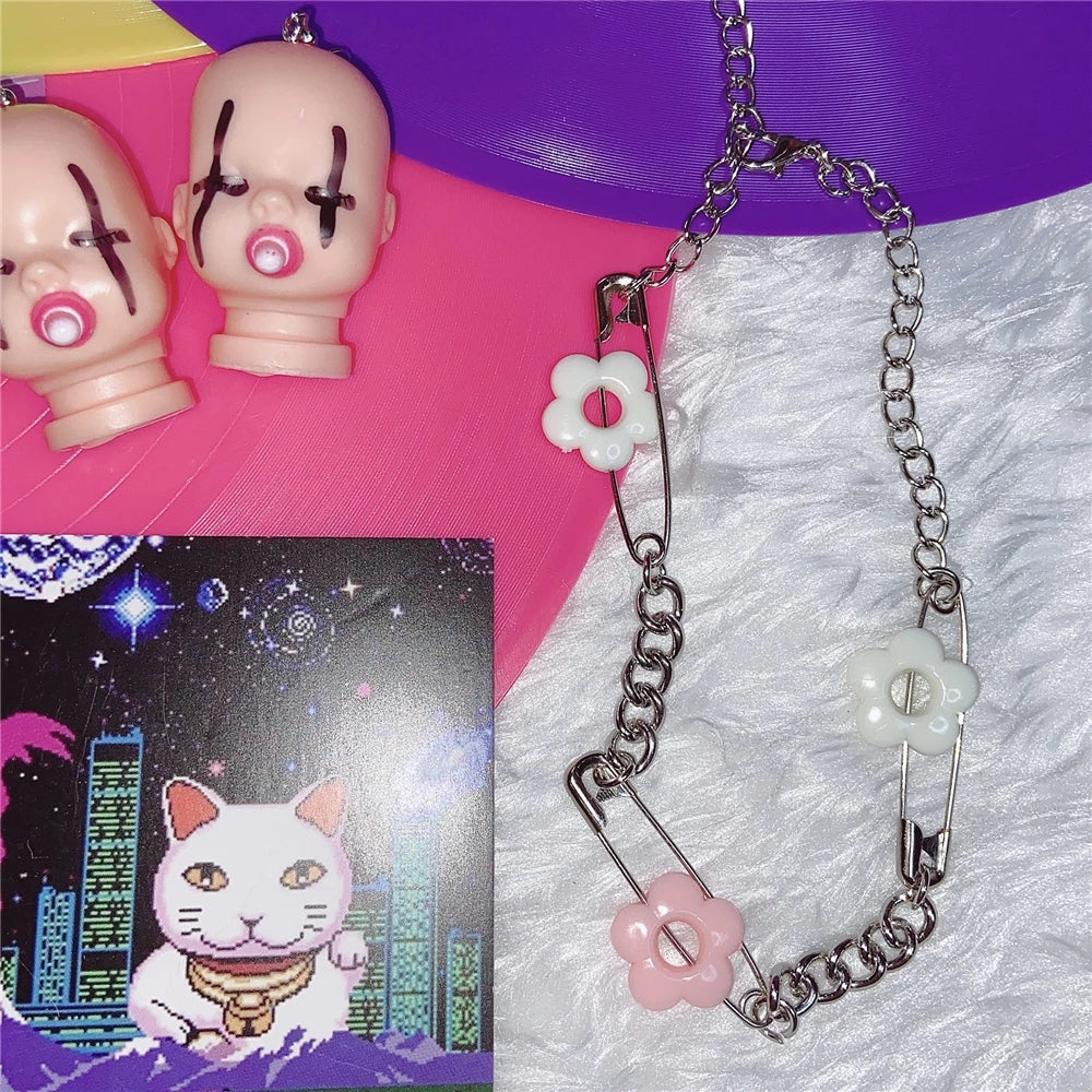 Y2K Flower Choker Necklace Pink Accessories Harajuku Vintage Charms 90s Gift