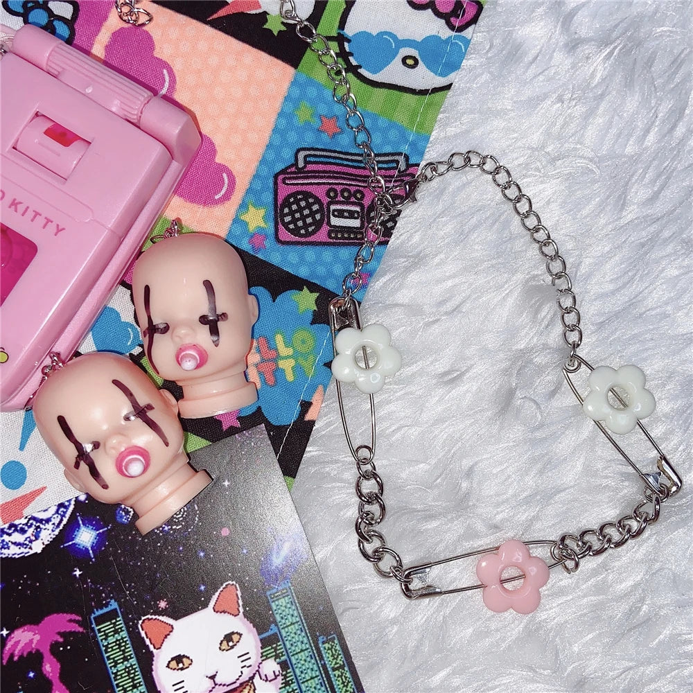 Y2K Flower Choker Necklace Pink Accessories Harajuku Vintage Charms 90s Gift