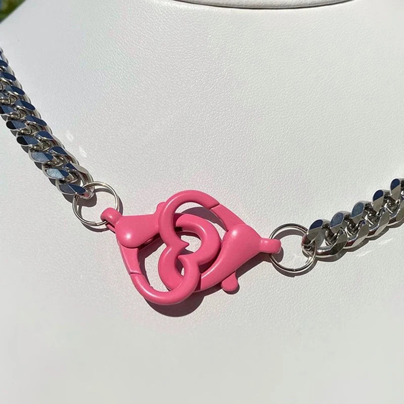 Y2K Pink Heart Buckle Choker Necklace Vintage Punk Harajuku Charms 90s
