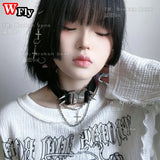 Y2K Metal Punk Rivet Choker Necklace Gothic Women Girls PU Leather