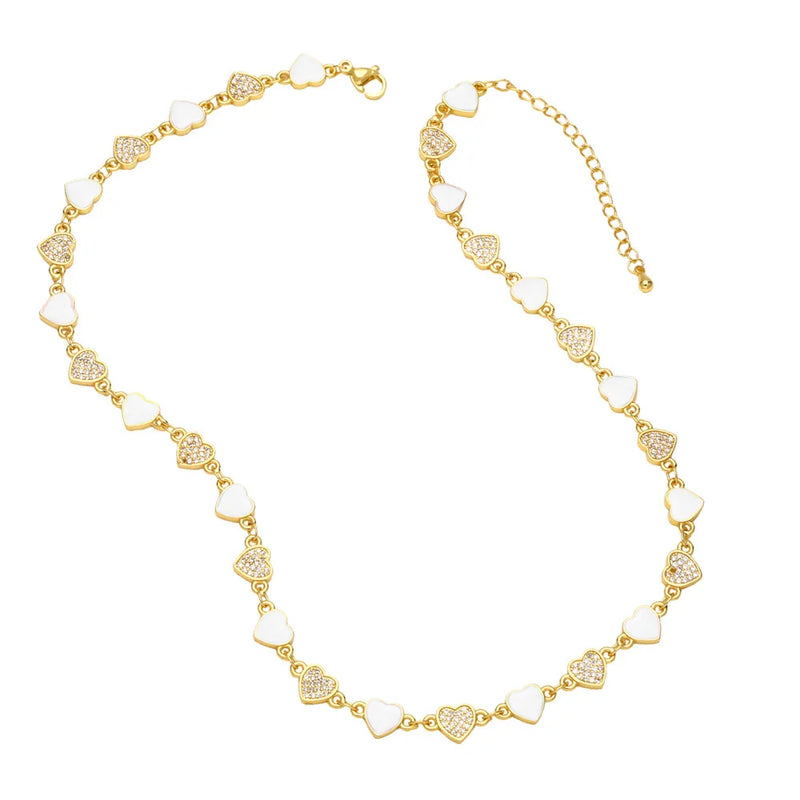 Y2K Enamel Heart Chain Necklace CZ 18K Plated Choker Romantic Jewelry