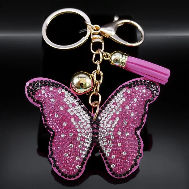 Y2K Pink Butterfly Keychain Rhinestone Metal Jewelry Lady Bag Car Accessories