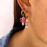 Y2K Pink Crystal Beads Pearl Hoop Earring Sweet Flower Circle Jewelry