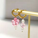 Y2K Pink Crystal Beads Pearl Hoop Earring Sweet Flower Circle Jewelry