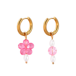 Y2K Pink Crystal Beads Pearl Hoop Earring Sweet Flower Circle Jewelry