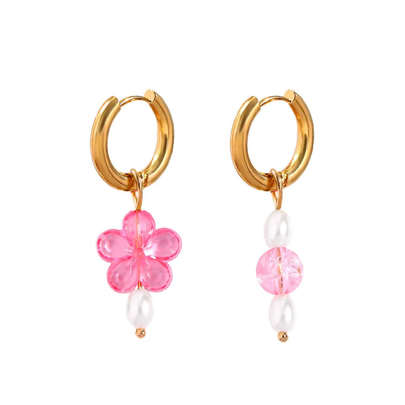 Y2K Pink Crystal Beads Pearl Hoop Earring Sweet Flower Circle Jewelry