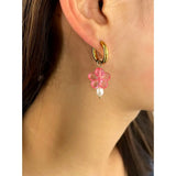 Y2K Pink Crystal Beads Pearl Hoop Earring Sweet Flower Circle Jewelry