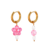 Y2K Pink Crystal Beads Pearl Hoop Earring Sweet Flower Circle Jewelry