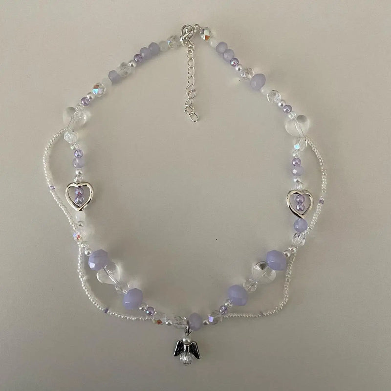 Y2K Purple & Angel Beaded Necklace Pearls Choker Glass Jewelry