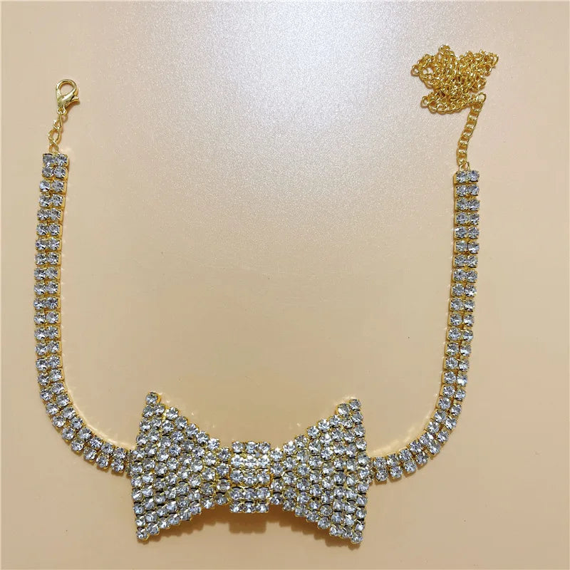 Y2K Rhinestones Bow Tie Necklace Women Cocktail Party Jewelry