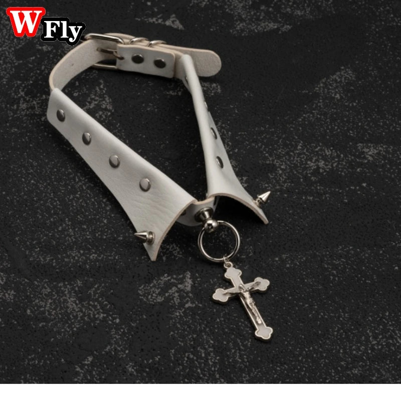 Gothic Punk Spice Girl Collar Necklace with Cross Pendant