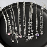 Y2K Love Pearl Tassel Pendant Necklace Crystal Heart Clavicle Chain Jewelry Gift