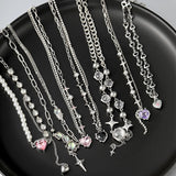 Y2K Love Pearl Tassel Pendant Necklace Crystal Heart Clavicle Chain Jewelry Gift