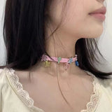 Y2k Pink Leather Cross Star Choker Necklace