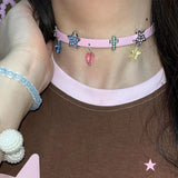 Y2k Pink Leather Cross Star Choker Harajuku DIY Leopard Rainbow Pendant Necklace