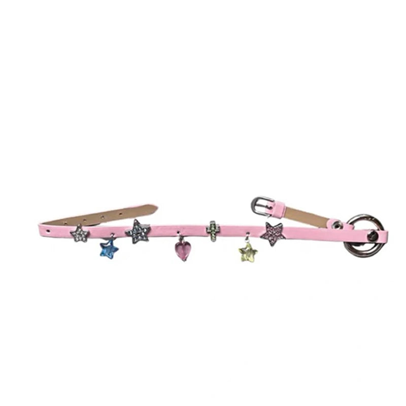 Y2k Pink Leather Cross Star Choker Necklace