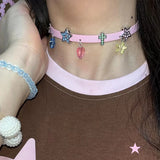 Y2k Pink Leather Cross Star Choker Necklace