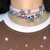 Y2k Pink Leather Cross Star Choker Necklace
