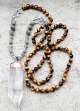 Stone Knot Necklace Clear Quartz Tiger Eye Labradorite Beads 30-32in