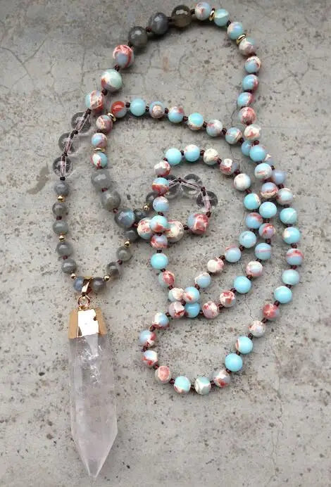 Stone Knot Necklace Clear Quartz Tiger Eye Labradorite Beads 30-32in