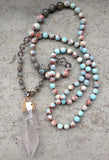 Stone Knot Necklace Clear Quartz Tiger Eye Labradorite Beads 30-32in
