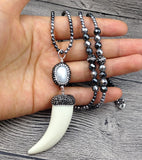 Hematite Stone Beads Necklace with Horn Pendant and Pearl Charm