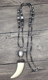 Hematite Stone Beads Necklace with Horn Pendant and Pearl Charm