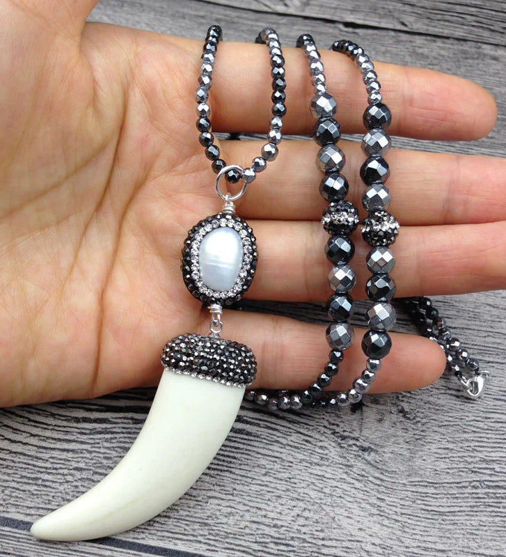 Hematite Stone Beads Necklace with Horn Pendant and Pearl Charm