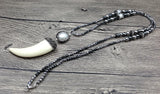 Hematite Stone Beads Necklace with Horn Pendant and Pearl Charm