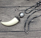 Hematite Stone Beads Necklace with Horn Pendant and Pearl Charm