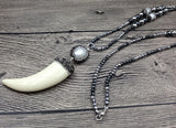 Hematite Stone Beads Necklace with Horn Pendant and Pearl Charm