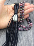 Pyrite Teardrop Pendant Tassel Necklace Rhodochrosite Stone Beads